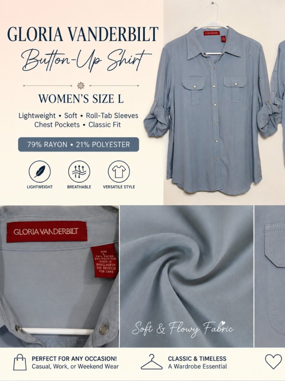 Gloria Vanderbilt Women's Button-Up Blouse Size L Blue Gray Roll Tab Sleeves Lig